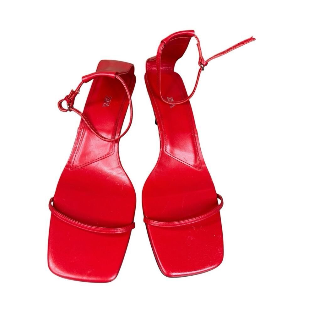 ZARA Red Leather Strappy Heels Square Toe Ankle Strap Sandals EU 42 US 11 - Picture 5 of 11